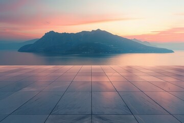 Wall Mural - Mountain and sea at sunset empty square floor