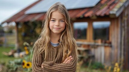 Wall Mural - portrait of little girl in front of family house,solar panels concept of sustainable lifestyle,renewable resources