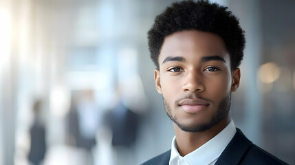 Sticker - A young man in a suit, smiling confidently in a modern setting.