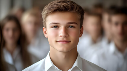 Wall Mural - A young man smiling confidently in a crowd of peers.