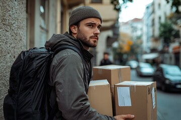 Delivery man carrying package on urban street