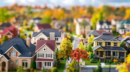 Model homes with miniature town in background showcasing detailed architecture and community layout for urban planning visualization and residential development concept.