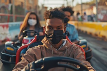 Multiracial friends enjoying go karting smiling with masks on double date