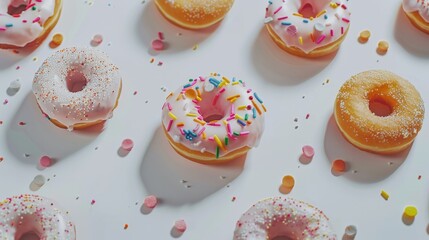 A selection of doughnuts with bright and playful icing and sprinkles, set against a minimalistic white backdrop, creating a fun and engaging background.