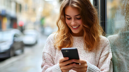 Poster - A young woman smiles while texting on her smartphone outdoors.