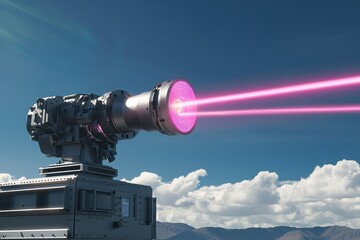 A futuristic laser cannon firing vibrant pink beams against a clear blue sky with distant mountains, showcasing advanced technology.