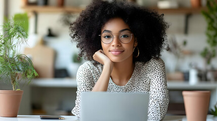 Sticker - A young woman with curly hair smiles while working on a laptop.