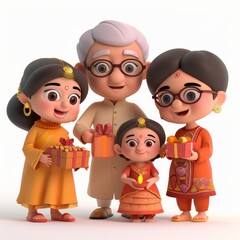 Wall Mural - Cartoon 3D A family exchanging gifts and sweets, sharing smiles and love, embodying the spirit of kindness and togetherness during Diwali, all rendered in a 3D cartoon style. Isolated white