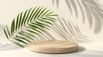 Wall Mural - 2. Product display on wooden circular platform, soft palm leaf shadows, tropical feel, minimalist design, white background, natural textures, clean layout, rustic wood grain, soft indirect lighting,