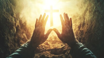 Image of Jesus' hands rising from the grave and a bright background, heaven and the cross.