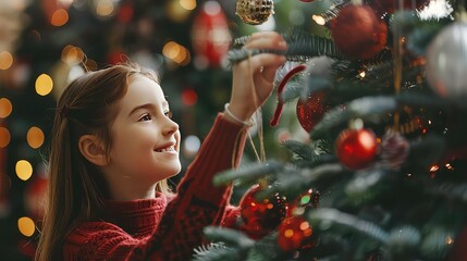 Sticker - A young girl in a red sweater decorates a Christmas tree with shiny baubles, looking up with a smile. The tree is lit up with twinkling lights and decorated with ornaments.