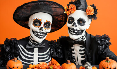 Two children dressed as skeletons are posing for a picture with pumpkins