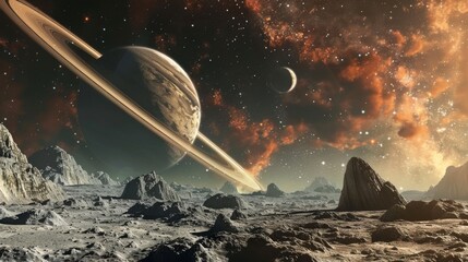 Poster - Alien planet with rings and moons in a starry sky