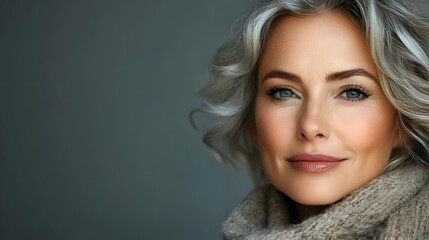 Poster - Portrait of a smiling woman with gray hair and a cozy scarf.