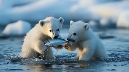 Wall Mural - two adorable polar bear cubs play in the icy water, sharing a fish.