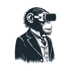 Sticker - The chimpanzee using augmented reality headset and jacket suit. Rough sketch. Vector illustration.
