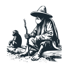 Canvas Print - The farmer and a monkey. Black white vector illustration.