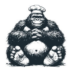 Wall Mural - The smiling gorilla chef. Black white vector illustration.
