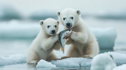 Wall Mural - two adorable polar bear cubs stand on a small ice floe in the arctic, one holding a fish in its paws