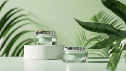 Poster - Beauty cream jars with tropical plants