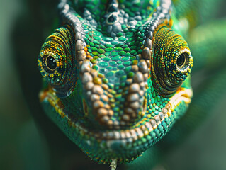 Close-Up Face Portrait of a Chameleon Showcasing Intricate Details and Colors