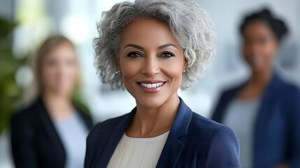 Wall Mural - Professional woman smiling confidently in a business setting.