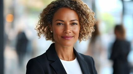 Poster - Professional woman smiling in a modern office setting.