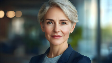 Poster - Professional woman with short hair in a modern office setting.