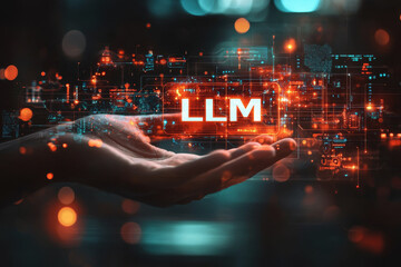 hand hold llm text icon, ai large language model concept. a language model distinguished by its gene