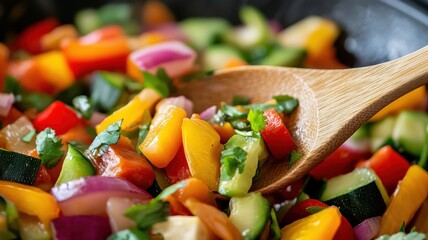 Closeup of a wooden spoon stirring a colorful vegetable stir fry, ecofriendly cooking tools in action