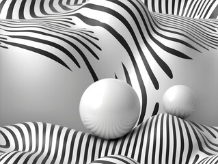 A zebra print background with two white spheres in the foreground. The spheres are placed in a way that they appear to be floating on the surface of the zebra print. Scene is serene and calming