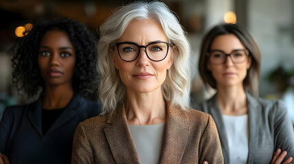 Wall Mural - Three confident women standing together, showcasing diversity and strength.