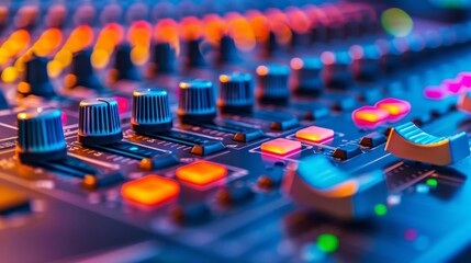 Poster - Close-up view of a mixing console with colorful sliders and knobs with clean background