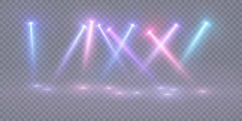 Leinwandbilder - Stage lighting with LED strobe spotlights. Laser light show. Empty stage before the performance. Spotlights on a transparent background.