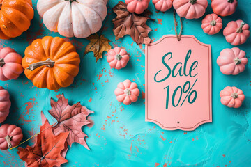 Wall Mural - Pumpkin, gourd, and other squash on display for fall sale. Local natural foods including calabaza. Halloween and harvest vibes. Dominant colors are teal and pink. 10% off.