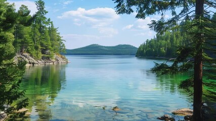 Wall Mural - the pristine water of a lake reflects the surrounding forest and sky, creating a serene and idyllic 