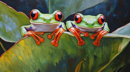 Wall Mural - Two red-eyed tree frogs perched on a green leaf, looking at the camera.