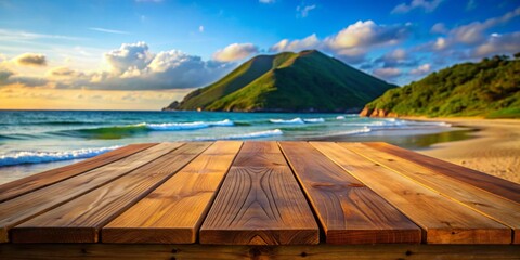 Wooden Tabletop Overlooking Tropical Beach and Mountain, ocean, sunset, beach, tropical