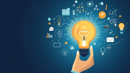 Hand holding a glowing lightbulb, with rays of light and flat icons representing inspiration and creativity, flat illustration