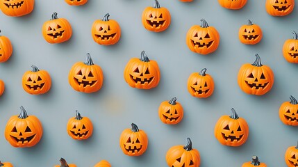 Tiny jack-o-lanterns with goofy expressions in a playful pattern on a soft grey background