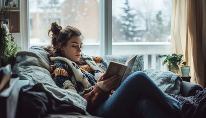 Sticker - person reading a book at home