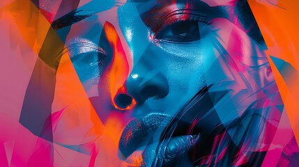 Wall Mural - A colorful abstract portrait featuring a woman's face composed of bold geometric shapes and vibrant hues of blue, pink, and orange, creating a dynamic and expressive design. 8k UHD, suitable 