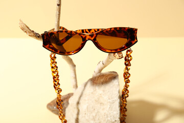 Poster - Tree branch with stylish sunglasses and stones on beige background