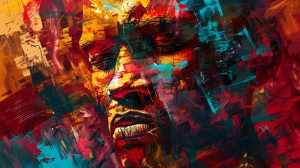 Wall Mural - A vivid abstract portrait of a man's face, with fragmented colors and textures blending shades of red, yellow, and blue, evoking a sense of depth and emotion. 8k UHD, suitable for high-quality 