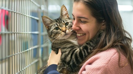 Woman volunteer playing with a cat in an animal shelter, highlighting the joy and love shelter pets bring.