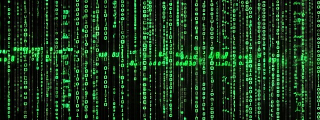 Binary code, green and black, scrolling text, soft LED lighting