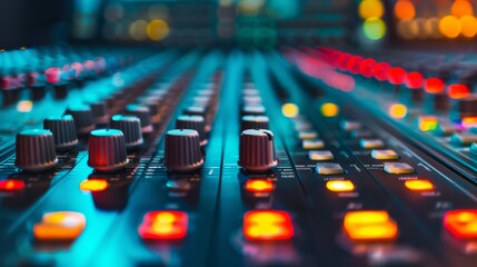 Poster - Detailed shot of studio mixing console with bright sliders