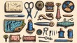 © Helois - Vintage sewing and craft tools, hand drawn illustration set.