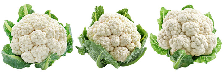 Wall Mural - Fresh cauliflower heads arranged on a white background, symbolizing healthy eating and nutrition