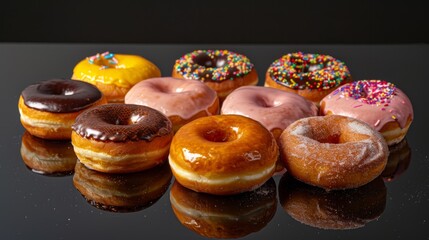 Doughnuts of various shapes and flavors, including classic glazed and filled varieties, arranged on a sleek black surface, providing a striking and modern background.